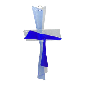 Glaskreuz modern blau transparent geschwungen Handarbeit 30 x 13 cm Schmuckkreuz