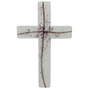 Wandkreuz Glas weiß  Kreuz in Kreuz Ornamente rot modern Fusing 23 x 14 cm Unikat Schmuckkreuz