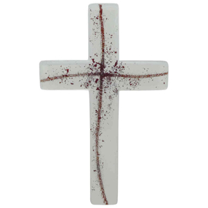 Wandkreuz Glas wei  Kreuz in Kreuz Ornamente rot modern Fusing 23 x 14 cm Unikat Schmuckkreuz