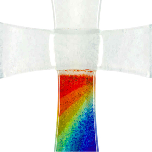 Wandkreuz Glas wei Regenbogen modern klein Handarbeit 20 x 11 cm Schmuckkreuz Glaskreuz