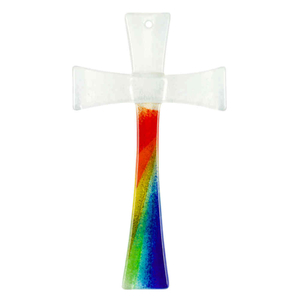 Wandkreuz Glas wei Regenbogen modern Handarbeit 16 x 9 cm Schmuckkreuz Glaskreuz