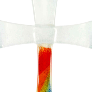 Wandkreuz Glas wei Regenbogen modern Handarbeit 16 x 9 cm Schmuckkreuz Glaskreuz