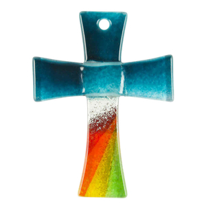 Wandkreuz trkis Regenbogen modern Handarbeit 11 x 8 cm Schmuckkreuz Glaskreuz