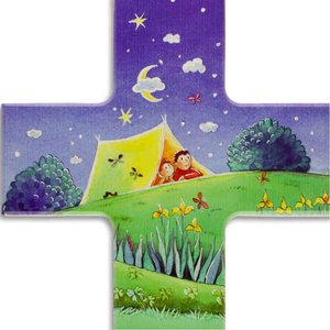 Kinderkreuz Kinder im Zelt unter dem Sternenhimmel Holz bunt 20 x 12 cm Taufe Kommunion