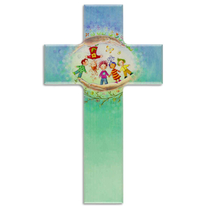 Kinderkreuz Kinder geborgen in Gottes Hand Holz bunt 20 x 12 cm Taufe Kommunion