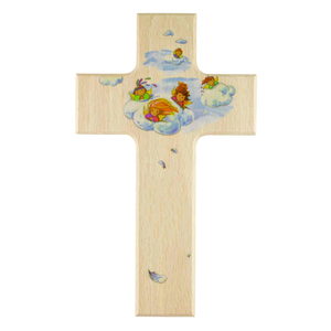 Kinderkreuz Motiv Engel / Schutzengel auf Wolke Holz natur 20 x 12 cm Taufe Kommunion