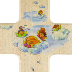 Kinderkreuz Motiv Engel / Schutzengel auf Wolke Holz natur 20 x 12 cm Taufe Kommunion