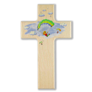 Kinderkreuz Motiv fliegende Kinder mit Gleitschirm Holz natur 15 x 9 cm Taufe Kommunion
