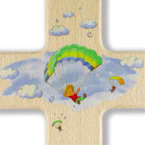 Kinderkreuz Motiv fliegende Kinder mit Gleitschirm Holz natur 15 x 9 cm Taufe Kommunion