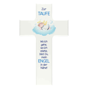 Kinderkreuz ZUR TAUFE - Schutzengel auf Wolke blau Kreuz weiß lackiert 15 x 9 cm Taufkreuz Junge