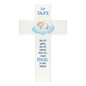 Kinderkreuz ZUR TAUFE - Schutzengel auf Wolke blau Kreuz wei lackiert 15 x 9 cm Taufkreuz Junge