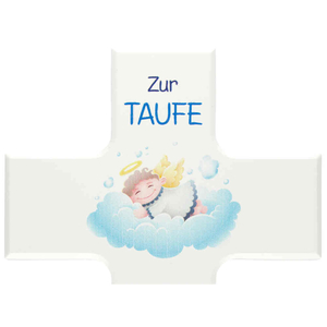 Kinderkreuz ZUR TAUFE - Schutzengel auf Wolke blau Kreuz weiß lackiert 15 x 9 cm Taufkreuz Junge