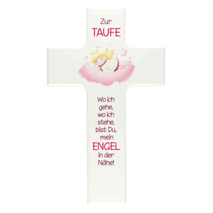 Kinderkreuz ZUR TAUFE - Schutzengel auf Wolke rosa Kreuz weiß lackiert 15 x 9 cm Taufkreuz Mädchen