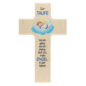 Kinderkreuz ZUR TAUFE - Schutzengel auf Wolke blau Kreuz natur 15 x 9 cm Taufkreuz Junge