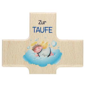 Kinderkreuz ZUR TAUFE - Schutzengel auf Wolke blau Kreuz natur 20 x 12 cm Taufkreuz Junge