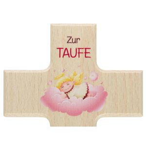 Kinderkreuz ZUR TAUFE - Schutzengel auf Wolke rosa Kreuz natur 15 x 9 cm Taufkreuz Mädchen