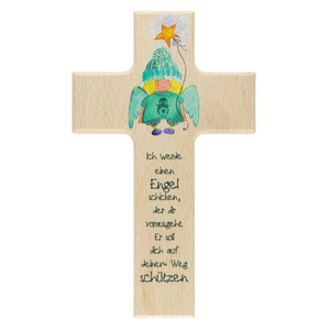 Kinderkreuz Ich werde einen Engel schicken - Schutzengel mit Stern Holz natur bunt bedruckt 15 cm