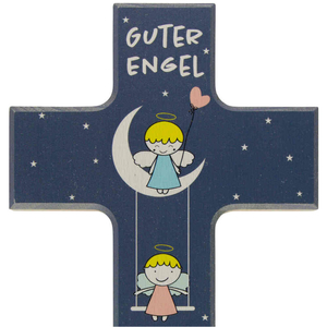 Kinderkreuz Guter Engel - Engel blau / Engel rosa Mond Sterne Holz blau 15 x 9 cm