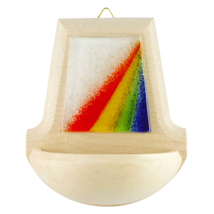 Weihwasserkessel Berg Ahorn natur Auflage Glas Regenbogen weiß 11 x 8,5 cm