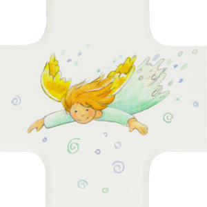 Kinderkreuz An angel protects you - fliegender Schutzengel Holz weiß bunt bedruckt 15 x 9 cm