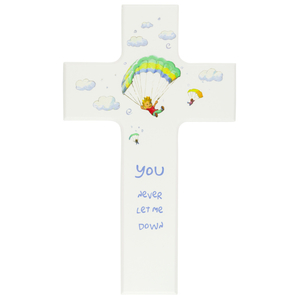 Kinderkreuz YOU NEVER LET ME DOWN - Kinder mit Gleitschirm wei lackiert 15 x 9 cm