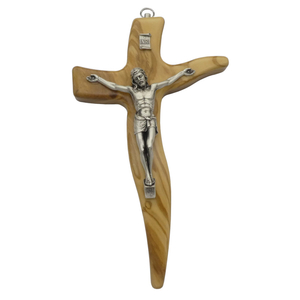 Wandkreuz / Kruzifix Olivenholz natur Balken geschwungen Jesus Metalllkörper silber 25 cm