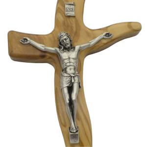 Wandkreuz / Kruzifix Olivenholz natur Balken geschwungen Jesus Metalllkörper silber 25 cm