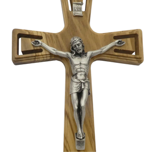 Wandkreuz / Kruzifix Olivenholz natur modern Jesus Metalllkörper silber 25 cm Schmuckkreuz