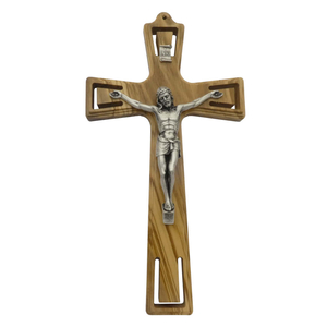 Wandkreuz / Kruzifix Olivenholz natur modern Jesus Metalllkrper silber 20 cm Schmuckkreuz