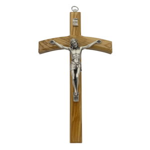 Wandkreuz / Kruzifix Olivenholz natur Jesus Metalllkörper silberfarben 20 cm Schmuckkreuz