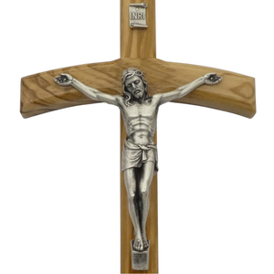 Wandkreuz / Kruzifix Olivenholz natur Jesus Metalllkörper silberfarben 20 cm Schmuckkreuz