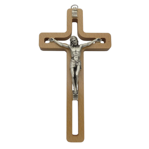 Wandkreuz / Kruzifix Holz natur durchbrochen modern Metallkörper silberfarben 20 cm