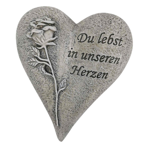 Grabschmuck Herz mit Rose Inschrift Du lebst in unserem Herzen Polyresin 18 x 15 x 7,5 cm