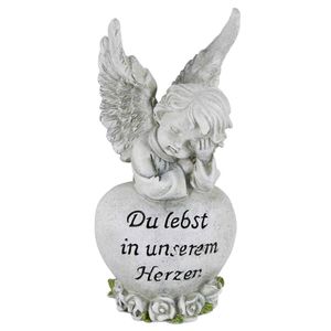 Grabschmuck Engel an Herz Du lebst in unserem Herzen Kunststein wetterfest 18 x 8 x 7,5 cm