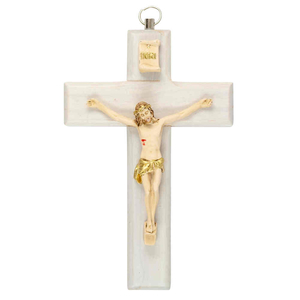 Holzkreuz klassik Kreuz weiß Kruzifix abgerundet Wandkreuz schlicht aus  Holz zum Anhängen 17 x 26 cm 