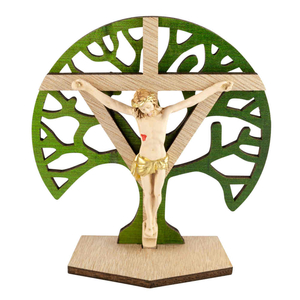 Stehkreuz / Kruzifix Lebensbaum Holzkreuz Körper Polyresin coloriert 10 cm Standkreuz Altarkreuz