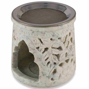 Speckstein Ruchergef Rucherstvchen Motiv Ranke beige Metallsieb 10 x 9 cm