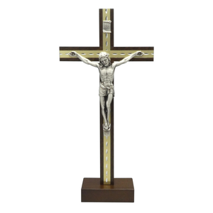 Standkreuz / Stehkreuz Mahagoni Metallauflage gold Metall Korpus silber 22 x 11 cm Altarkreuz