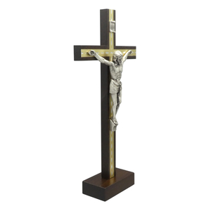 Standkreuz / Stehkreuz Mahagoni Metallauflage gold Metall Korpus silber 22 x 11 cm Altarkreuz