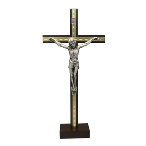 Standkreuz / Stehkreuz Mahagoni Metallauflage gold Metall Korpus silber 27 x 13 cm Altarkreuz