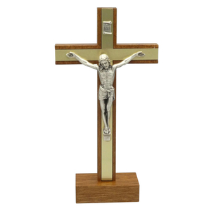 Standkreuz Mahagoni Auflage gold Korpus silber Metall 17 x 8,5 cm Altarkreuz Stehkreuz