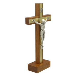 Standkreuz Mahagoni Auflage gold Korpus silber Metall 17 x 8,5 cm Altarkreuz Stehkreuz