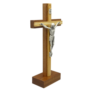 Stehkreuz - Standkreuz Holz Mahagoni Auflage Olivenholz Metall-Korpus 22 x 11 cm Sterbekreuz