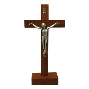 Stehkreuz / Standkreuz Mahagoni mit Metall Korpus silber 22 x 11 cm Altarkreuz