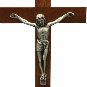Stehkreuz / Standkreuz Mahagoni mit Metall Korpus silber 22 x 11 cm Altarkreuz
