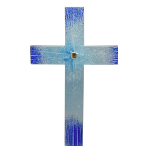 Glaskreuz Fusingglas blau - trkis Blattgoldauflage Relief 23 x 14 cm Glaskunst Wandkreuz