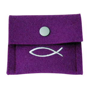 Rosenkranz Wollfilz Etui violett Motiv Fisch silber ca. 8 x 9 cm Merinowolle Handarbeit
