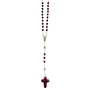 Rosenkranz Glasperle rot - Herzstck Metall - Kreuz Muranoglas rot - blau 48 cm Unikat