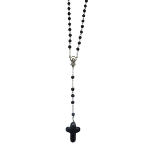 Rosenkranz Glasperle schwarz - Herzstück Metall - Kreuz schwarz grau Muranoglas 45 cm Unikat