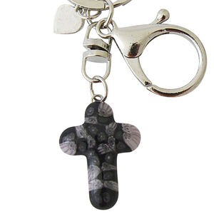 Schlüsselanhänger Motiv Kreuz aus Murano Glas schwarz grau rosa Blüten weiß ca. 9 cm